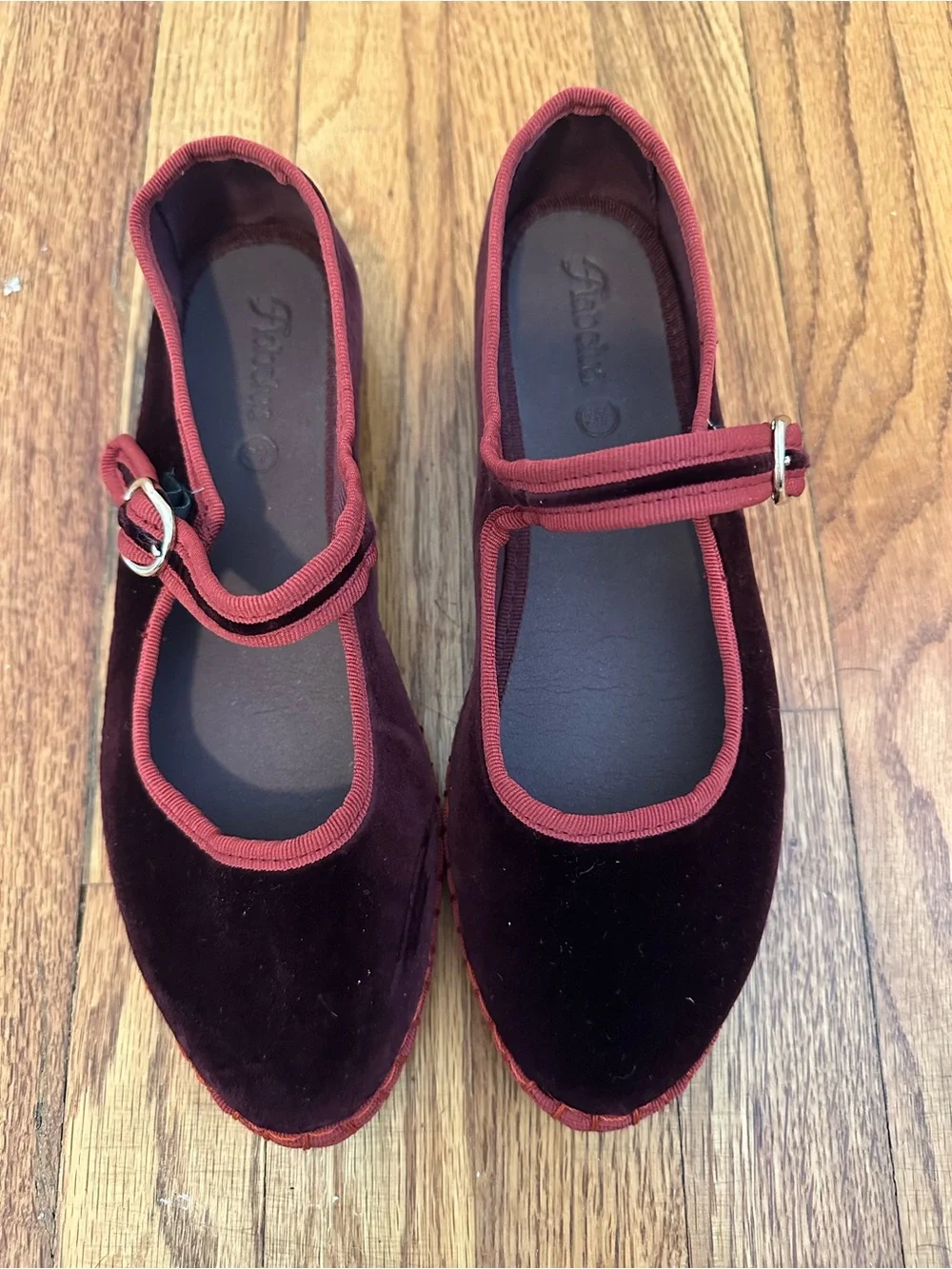 Velvet Mary Jane Flats in Wine Red